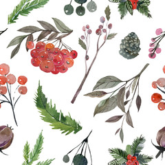 Christmas seamless watercolor background with holly berries and bullfinches on