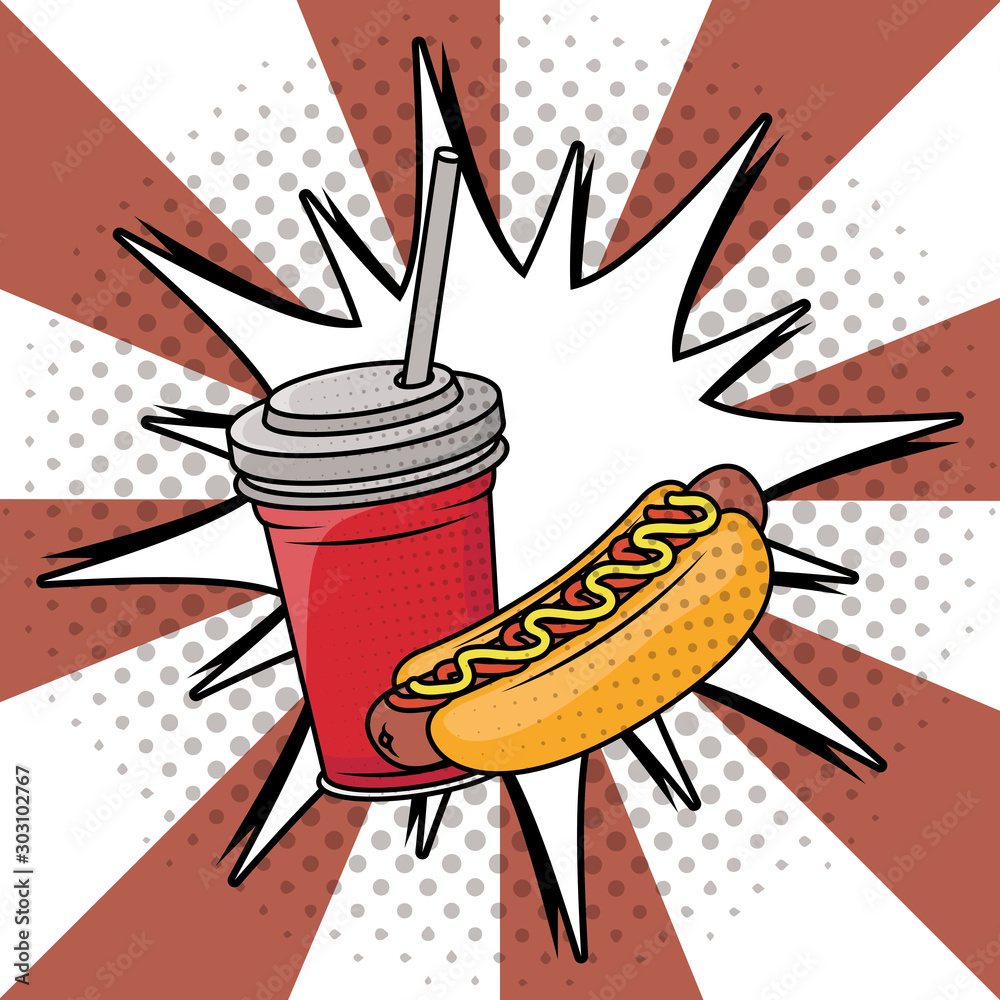 Poster soda and hot dog fast food pop art style