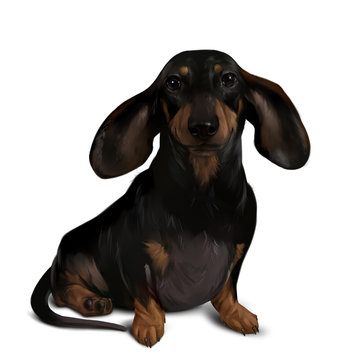 Smooth-haired Dachshund with big ears. Watercolor drawing