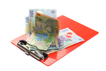 Office clipboard with Romanian lei money isolated on white background