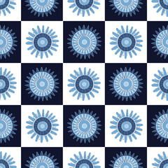 Vector Blue Flowers in Blue and White Squares. Background for textiles, cards, manufacturing, wallpapers, print, gift wrap and scrapbooking.