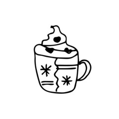Single hand drawn cup of coffee, chocolate, cocoa, americano or cappuccino. Doodle vector illustration.