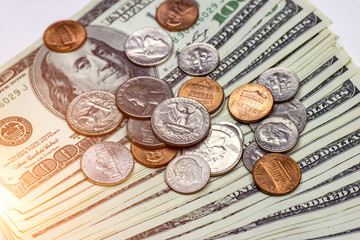 American coins on dollar usa background. Financial concept.
