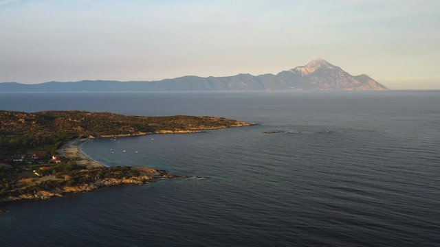 Aerial landscape of Valti beach and Aton peak, Sithonia, Chalkidiki, Greece