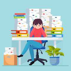 Business woman working at desk. Pile of paper, busy businesswoman with stack of documents in carton, cardboard box, help sign. Paperwork. Bureaucracy concept. Stressed employee. Vector cartoon design
