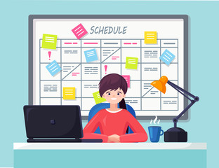 Business woman working at desk Planning schedule on task board concept. Planner, calendar on whiteboard. List of event for employee. Teamwork, collaboration, time management. Vector flat design