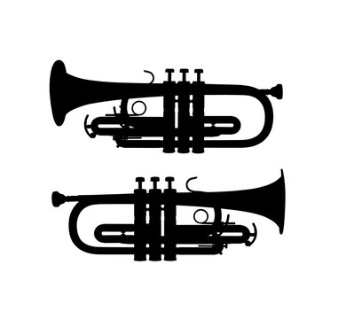 Silhouette of Two side view of a Silver trumpet