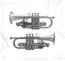 Illustration sketch of Two side view of a Silver trumpet