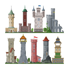 Medieval tower vector cartoon castle fairytale of fantasy palace building in kingdom fairyland illustration set of historical fairy-tale house isolated on white background © partyvector