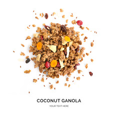 Creative layout made of granola with dry fruits and curcuma isolated on white background.Flat lay....