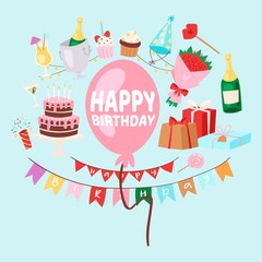 Happy birthday vector greeting card and elements with cake, baloons, flags garland decoration, flowers and drinks. Happy birthday inscription.
