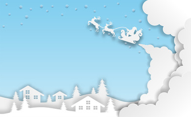 Obraz na płótnie Canvas Merry Christmas. Design with santa claus on the sky to city village. paper art style. Vector. illustration.