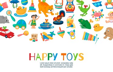 Baby toys to play vector illustration. Funny clockwork toys, ball, toy car, doll, rattles and other kids items. Different toy for children collection with inscription.