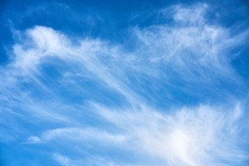 Spindrifts clouds in the blue sky. Azure stratosphere and spindrift clouds.