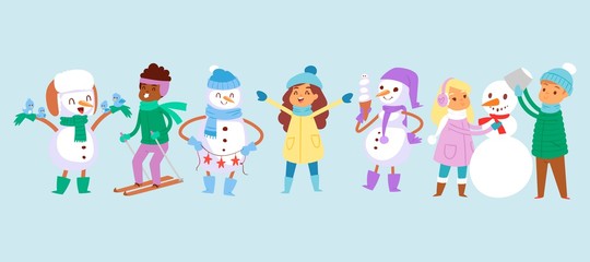 Fototapeta premium Happy winter kids fun vector illustration. Multinational cartoon children making snowman and going to ski. Winter holidays kids games outdoor with snow.