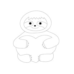 A  sloth holds a big red heart in its paws. Valentine's day. Outline illustration.