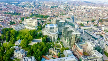 Raamstickers Brussels, Belgium. The complex of buildings of the European Parliament. State institution, Aerial View © nikitamaykov