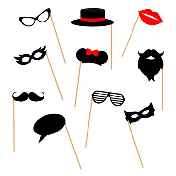 Photo booth props collection for party: mask, mustache, beard, glasses, hat, lips, mouse ears, speech bubble. Vector illustration