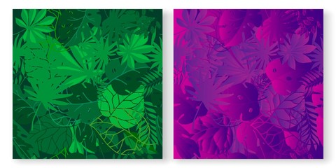 Tropical green and neon palm leaves seamless vector patterns set. Jungle purple colored floral background. Exotic botanical foliage with tropic leaves for fabric, fashion textile, wallpaper.