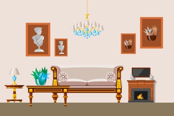 Interior of the living room in old victorian style with lounge and classic style furniture, vector illustration. Classical interior and furniture with fireplace, pictures and chandelier.