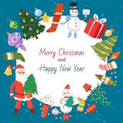 Merry Christmas and Happy New Year vector illustration. Santa and snowman. Happy christmas companions. Christmas holiday objects in circle on blue winter background.