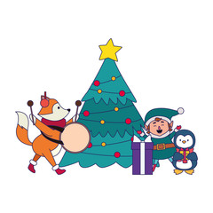 chirstmas tree with elf and cute animals around, colorful design