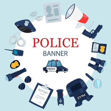 Police professional tools and security equipment round circle vector banner. Handcuffs, bulletproof vest, electroshocker and truncheon, badge, weapons and other police service objects banner.