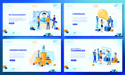 Trendy flat illustration. Set of web page concepts. HR management. Crowdfunding. Coworking. Successful teamwork. Template for your design works. Vector graphics.