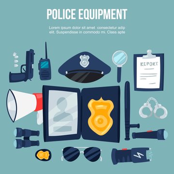 Police security equipment vector illustration set. Handcuffs, bulletproof vest, electroshocker and truncheon, badge, weapons and other police service objects poster.