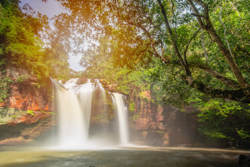 Beautiful waterfalls in the middle of the forest, resulting in complete ecological system of the forest, nature park and outdoor in summer season.