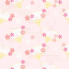 Folding fan and cherry blossoms seamless pattern
