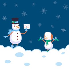Winter landscape with snowmans with scarf, snowflakes and bird sitting on his hand and letter flat cartoon vector illustration. Winter snowy holidays and merry christmas card.