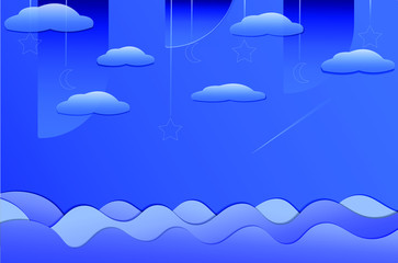 illustration of sea and blue clouds paper cut style