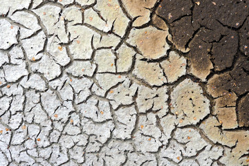 Cracked crust of dried silt. Global warming and the greenhouse effect. Regulation and control of carbon dioxide emissions. Paris agreement. A picture with enhanced contrast and saturation. Macro