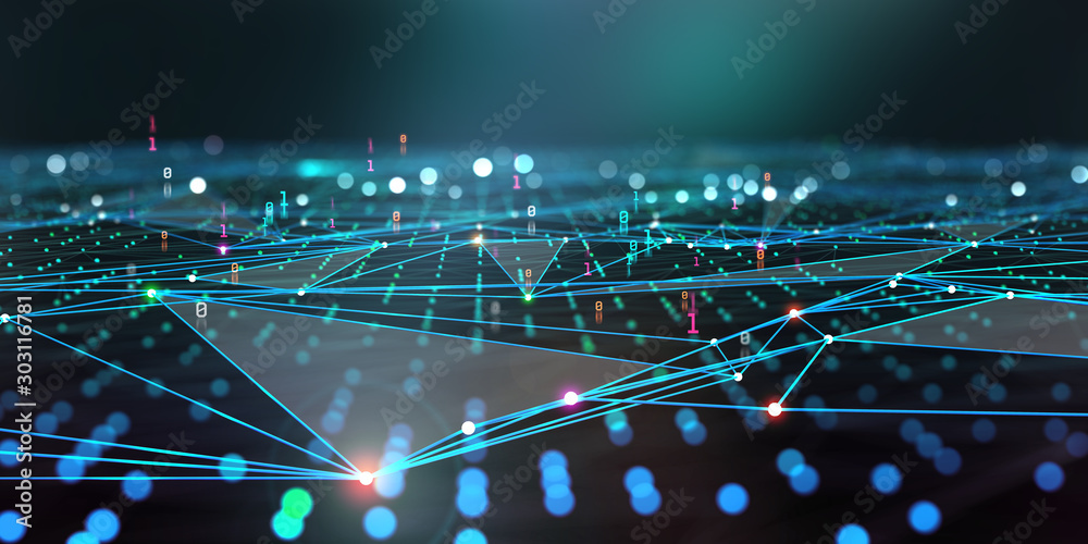 Poster Cyber city, digital technology and Information Security. Big data concept in 3D illustration. Neural networks, blockchain, database in world of future