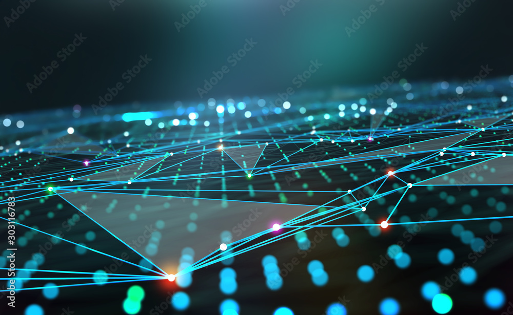 Poster Cyber city, digital technology and Information Security. Big data concept in 3D illustration. Neural networks, blockchain, database in world of future