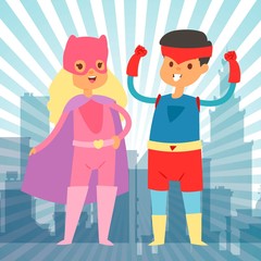 Superhero kids in costumes vector illustration for party or masquerade invitation. Children dressed in superhero costume and masks. Cute little superhero boy and girl cloth collection.