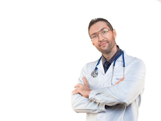 Portrait of a male doctor isolated on white.