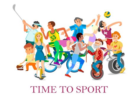 Time to sport with cartoon sportive young and old people vector banner illustration. Sportsmen and adults and children doing exercises. Physical activity and healthy lifestyle.