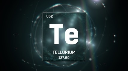 3D illustration of Tellurium as Element 52 of the Periodic Table. Green illuminated atom design background with orbiting electrons. Design shows name, atomic weight and element number © remotevfx