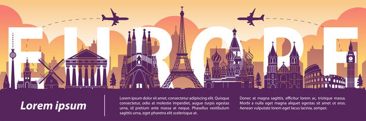 Europe top famous landmark silhouette style,text within,travel and tourism,vector illustration,flag color design