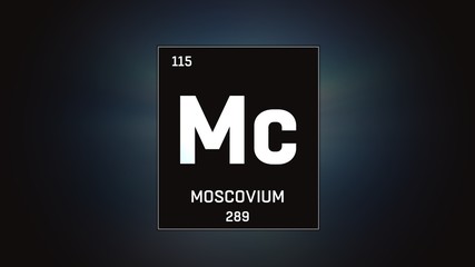 3D illustration of Moscovium as Element 115 of the Periodic Table. Grey illuminated atom design background with orbiting electrons. Design shows name, atomic weight and element number