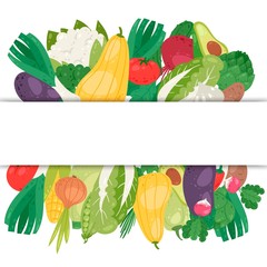 Vegetables banner with white space vector illustration. Healthy vegan lifestyle and organic food. Veggies poster with avocado, corn, squash, cucamber and tomato, eggplant, carrot and pepper.