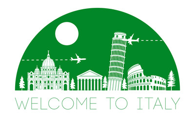 Italy top famous landmark silhouette in half circle shape with green color style,travel and tourism,vector illustration