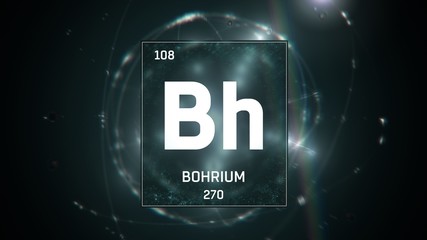 3D illustration of Bohrium as Element 107 of the Periodic Table. Green illuminated atom design background with orbiting electrons. Design shows name, atomic weight and element number