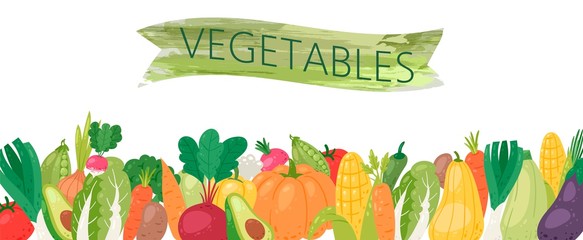 Organic vegetables vector illustration banner. Healthy life, organic vegetables food. Cartoon avocado, corn, squash, cucamber and tomato, eggplant, carrot and pepper with green ribbon.