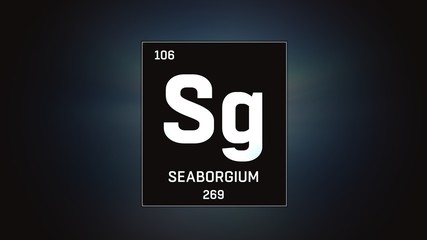 3D illustration of Seaborgium as Element 106 of the Periodic Table. Grey illuminated atom design background with orbiting electrons. Design shows name, atomic weight and element number