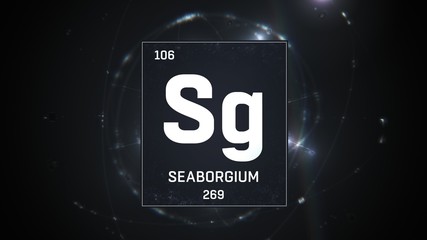 3D illustration of Seaborgium as Element 106 of the Periodic Table. Silver illuminated atom design background with orbiting electrons. Design shows name, atomic weight and element number
