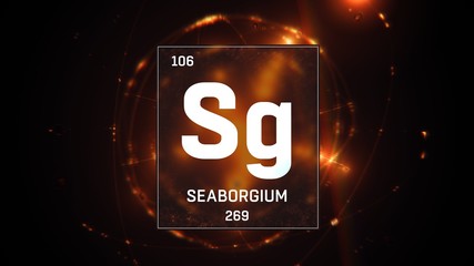 3D illustration of Seaborgium as Element 106 of the Periodic Table. Orange illuminated atom design background with orbiting electrons. Design shows name, atomic weight and element number