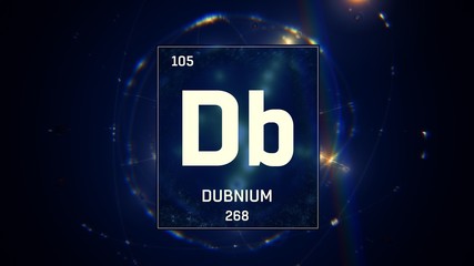 3D illustration of Dubnium as Element 105 of the Periodic Table. Blue illuminated atom design background with orbiting electrons. Design shows name, atomic weight and element number